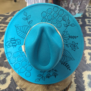 Teal Bee Print Burnt Panama Hat