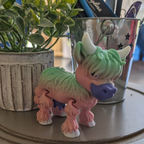 3D printed Articulated Emo Highland Cow- Rainbow