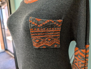 SzXL Grey/Orange Aztec Print Sweater