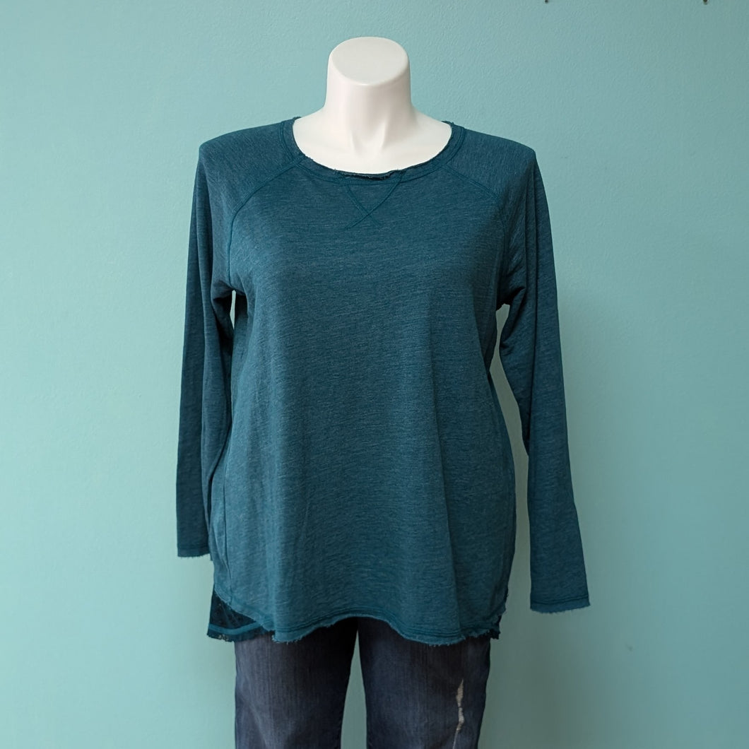 SzL Sahalie Teal Lace Back Sweater