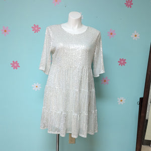 SzXL Light Silver Sequin Babydoll Dress