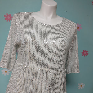 SzXL Light Silver Sequin Babydoll Dress