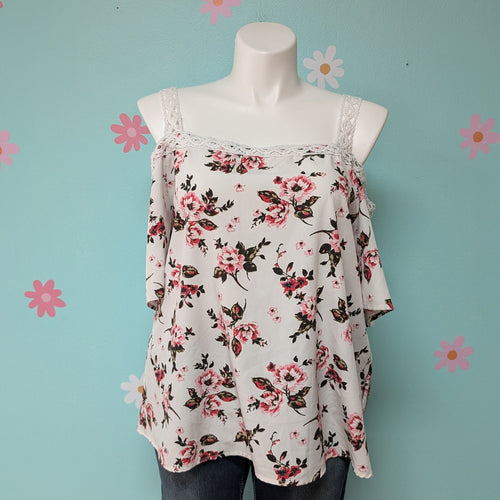 Sz3X White/Pink Floral Cold Shoulder