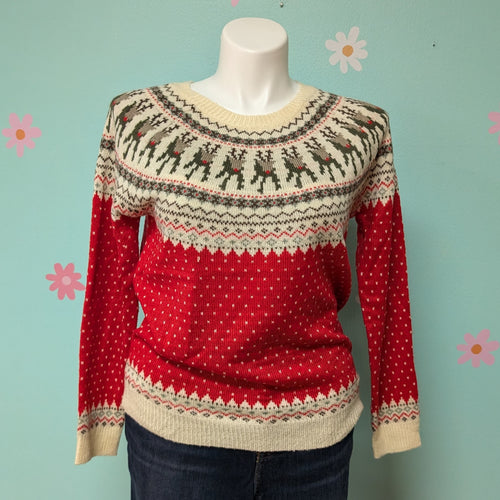 Reindeer Print Red Christmas Holiday Sweater