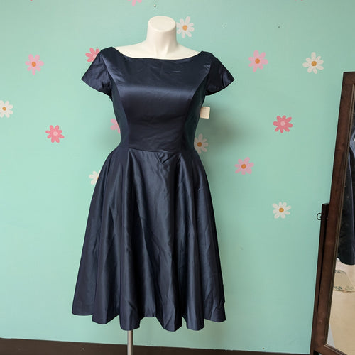 Sz1X Navy Satin Retro Pin-up Corset Back Cocktail Dress