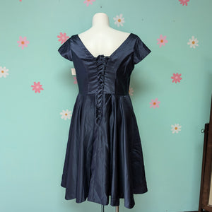 Sz1X Navy Satin Retro Pin-up Corset Back Cocktail Dress