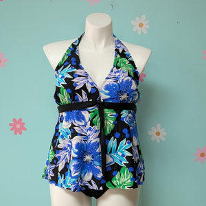 Sz22 Pineapple Bay Blue Tropical Flower Halter Tankini