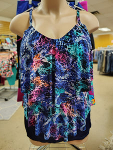 Trimshaper animal print rainbow color tiered swimsuit top size 20W